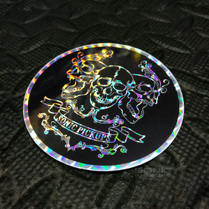 Three Skulls prismatic holographic round sticker.